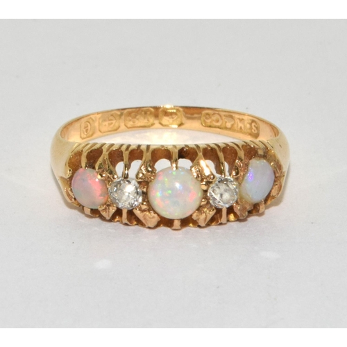 220 - Fire opal, diamond antique 18ct fully hallmarked ring, 2.9g, Size M