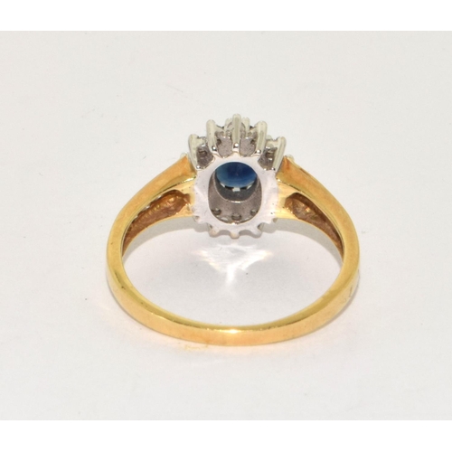 383 - Sapphire, Diamond approx 0.33 points, 18ct gold ring Size Q, 4g