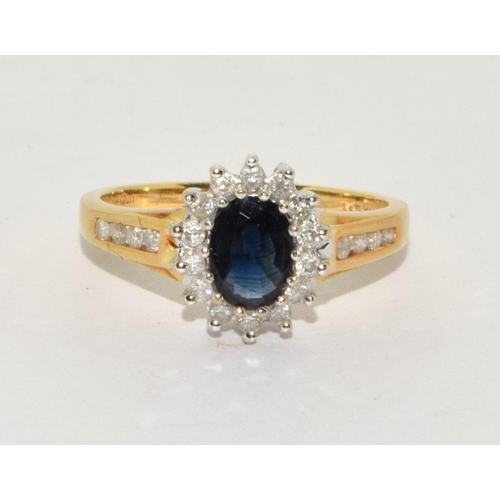 383 - Sapphire, Diamond approx 0.33 points, 18ct gold ring Size Q, 4g