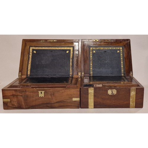 143 - Two vintage wooden writing slopes with brass embellishments the largest measuring 35x23x14cm (closed... 