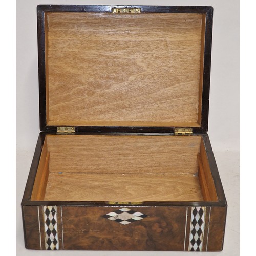 143A - Vintage mahogany lidded and hinged jewellery box with decorative mother of pearl inlay 30x22x13cm.