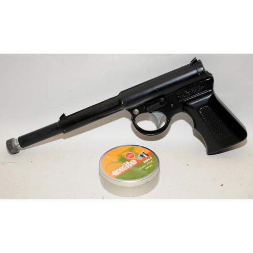 145 - Vintage TJ Harrington .177 Spring  Air Pistol c/w a small quantity of pellets and darts. Cocks and d... 