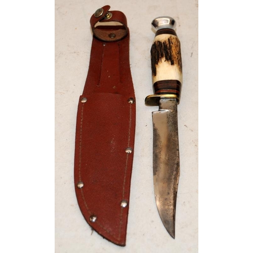 153 - J Nowill & Sons stag horn handled Bowie Knife with sheath