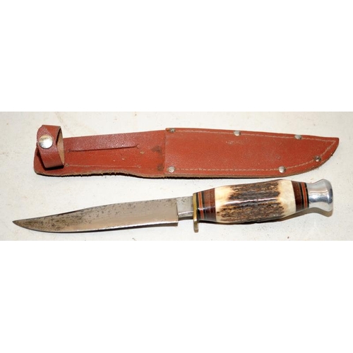 153 - J Nowill & Sons stag horn handled Bowie Knife with sheath