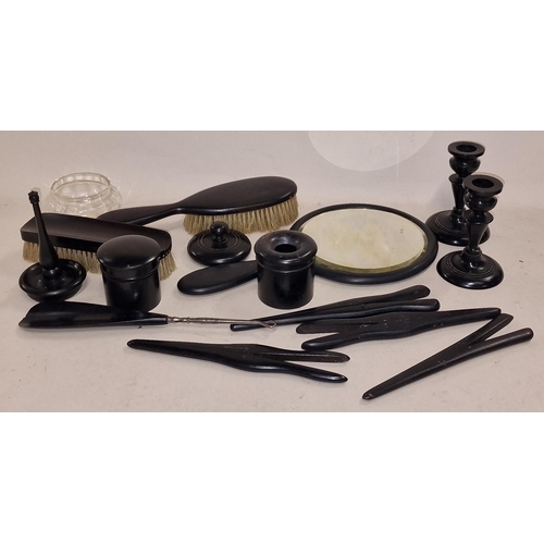 105 - Collection of ebony wooden dressing table items (14).