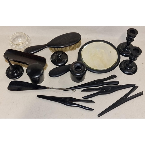 105 - Collection of ebony wooden dressing table items (14).