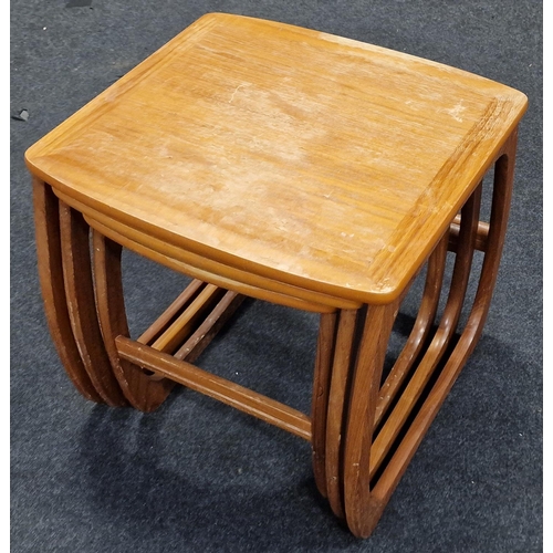 393 - Nathan Burlington  mid century C1960s nest of 3 teak tables with bow legs and banded top largest bei... 