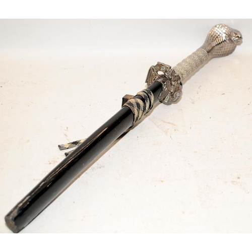 149 - Decorative short sword in wooden scabbard with large chrome cobra's head finial to handle