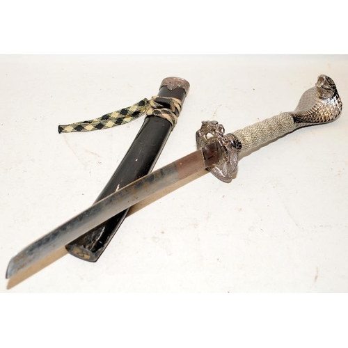 149 - Decorative short sword in wooden scabbard with large chrome cobra's head finial to handle