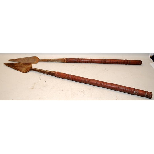 166 - Two contemporary leaf spears with turned wooden handles. O/all length 94cms