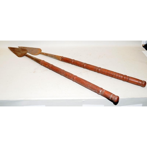 166 - Two contemporary leaf spears with turned wooden handles. O/all length 94cms