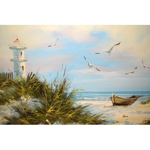 529 - Original oil on canvas of a coastal scene with lighthouse and boat . Signed 'Edmond' (?). 76cms x 51... 