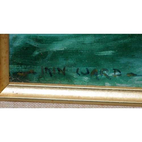 531 - Iain Ward. 3 x gilded frame oil on board paintings, 2 depicting vintage fishing vessels and the othe... 