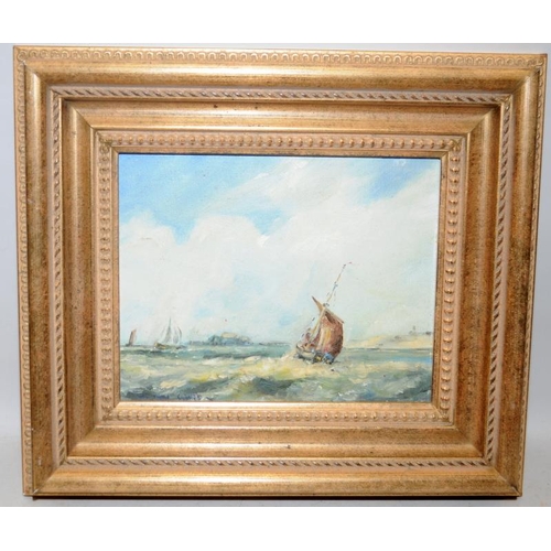 531 - Iain Ward. 3 x gilded frame oil on board paintings, 2 depicting vintage fishing vessels and the othe... 