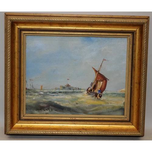 531 - Iain Ward. 3 x gilded frame oil on board paintings, 2 depicting vintage fishing vessels and the othe... 