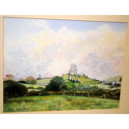 532 - Dennis Morley, local Poole artist original watercolour scene of Corfe Castle. O/all frame size 48cms... 