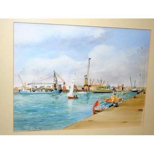 534 - Dennis Morley, local Poole artist original watercolour scene of Poole Quay. O/all frame size 48cms x... 