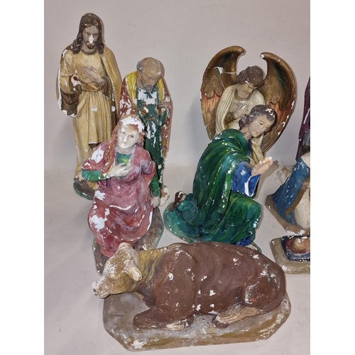 401 - Vintage chalkware set of nativity figurines. 13 figures in total.