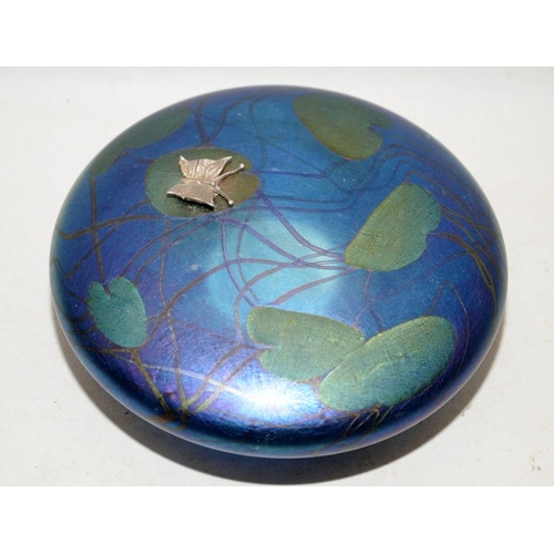 488 - John Ditchfield iridescent disc paperweight featuring a butterfly on a lily pad. Signed Glasform - J... 