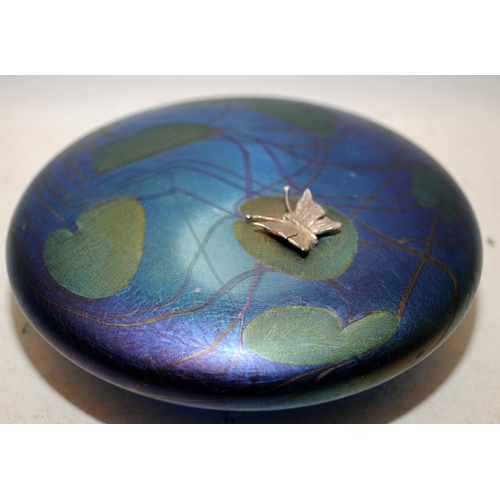 488 - John Ditchfield iridescent disc paperweight featuring a butterfly on a lily pad. Signed Glasform - J... 