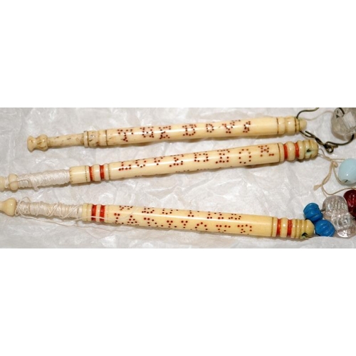 503 - Good collection of beaded bone lace making bobbins, most named or with mottos