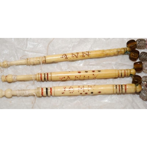 503 - Good collection of beaded bone lace making bobbins, most named or with mottos