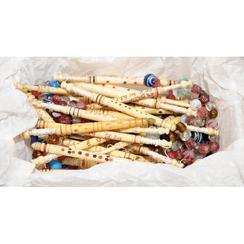 503 - Good collection of beaded bone lace making bobbins, most named or with mottos