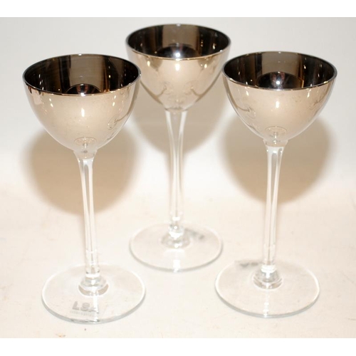 491 - 6 x LSA sherry glasses (3 x silver and 3 x gold finish) c/w a vintage hobnail cut glass 6 piece cond... 