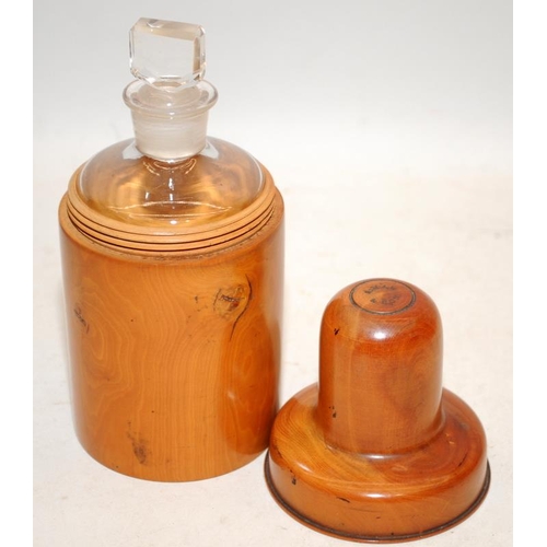 519 - Treen S Maw & Son turned wood scent bottle holder 15cms tall c/w a vintage cased glass medicine and ... 