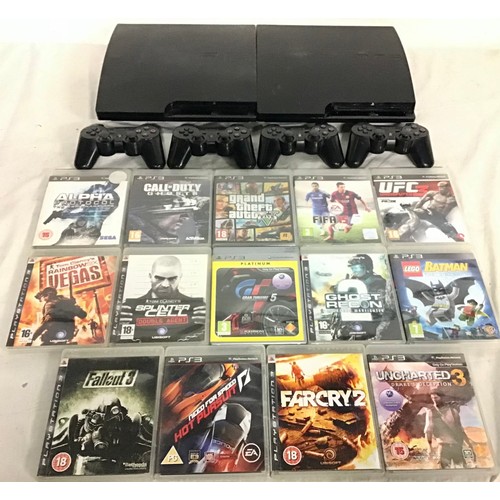 453 - COLLECTION OF SONY PLAYSTATION 3 CONSOLES AND GAMES. To include 2 x consoles - 4 hand held controlle... 