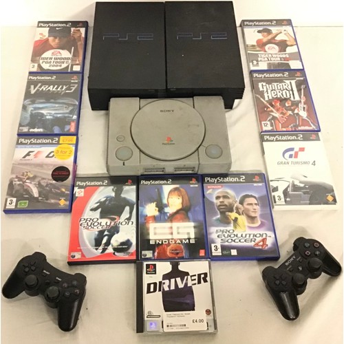 447 - VARIOUS SONY GAMING CONSOLES AND GAMES. Found here in this lot we have a Sony PlayStation plus 2 x P... 