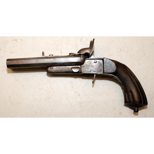 170 - Antique twin barrel percussion pistol. Certification exempt. One trigger functions, the other requir... 