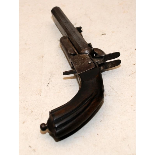 170 - Antique twin barrel percussion pistol. Certification exempt. One trigger functions, the other requir... 