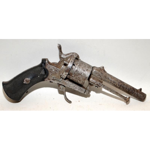 168 - Antique Six chamber revolver with functioning pull down trigger. Chamber rotates intermittently. Cer... 