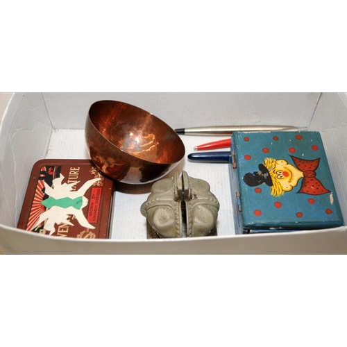 454 - Quantity of collectibles to include Parker pens, a Coronation money box, a planished copper bowl sta... 