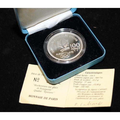 473 - French Albertville 1992 Olympics .900 silver 100 Francs coin boxed with certificate c/w a silver 10 ... 