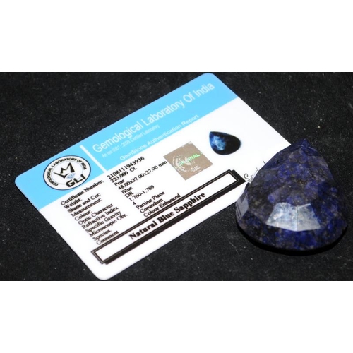 250A - 223ct Natural Blue Pear Shaped Sapphire c/w certificate of authenticity from Gemological Laboratory ... 