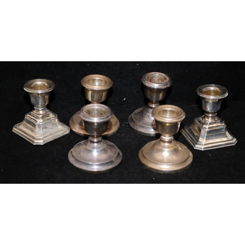 176A - 3 pairs of vintage sterling silver stubby candlesticks