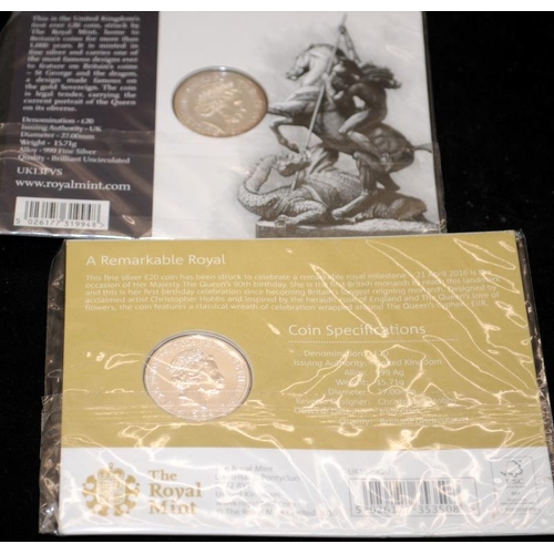 458 - Royal Mint 2013 and 2016 fine silver £20 coins. Both in BU condition and presented carded