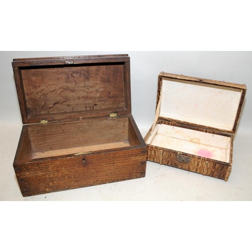 516 - A collection of vintage wooden items to include an oak box, another box fashioned as a trunk, 4 x tu... 