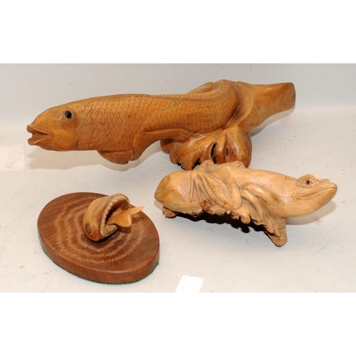 34 - 2 x Oriental creatures carved from driftwood, a fish and a toad c/w a carved fish signed Rodney Ston... 