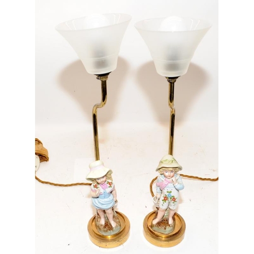 443 - Matching gilt brass table lamps with porcelain figures depicting children and frosted glass shades 4... 