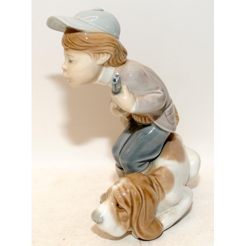 444 - Lladro figure 1970s Hunting Boy with Blood hound 19cm tall