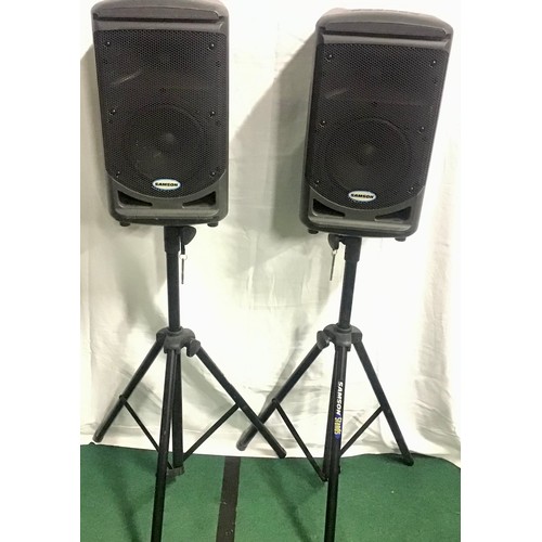 496 - PAIR OF POWERED SAMSON SPEAKERS. 2 speakers here on stands from Samson XP3081.