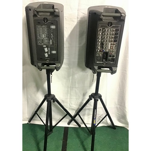 496 - PAIR OF POWERED SAMSON SPEAKERS. 2 speakers here on stands from Samson XP3081.