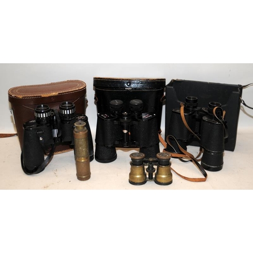 406 - Four pairs of vintage binoculars and a 4 drawer brass telescope