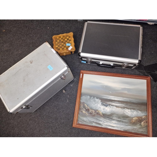 53 - Mixed lot to include two empty flight cases, a framed picture and a miniature wooden chess board wit... 