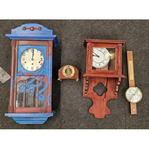 67 - Collection of three clocks and a barometer to include painted wall clock.