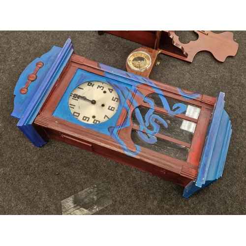 67 - Collection of three clocks and a barometer to include painted wall clock.