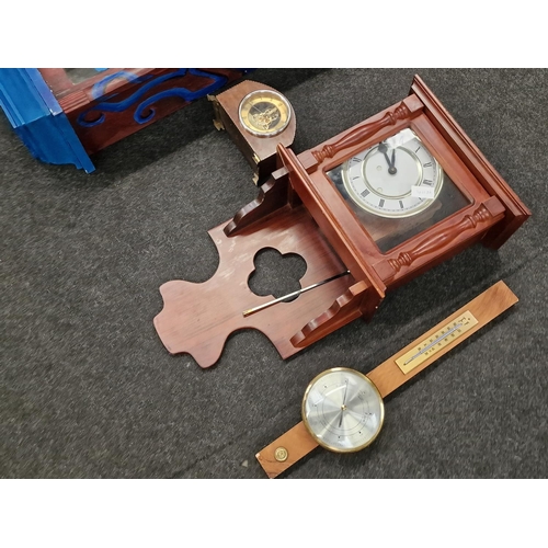 67 - Collection of three clocks and a barometer to include painted wall clock.